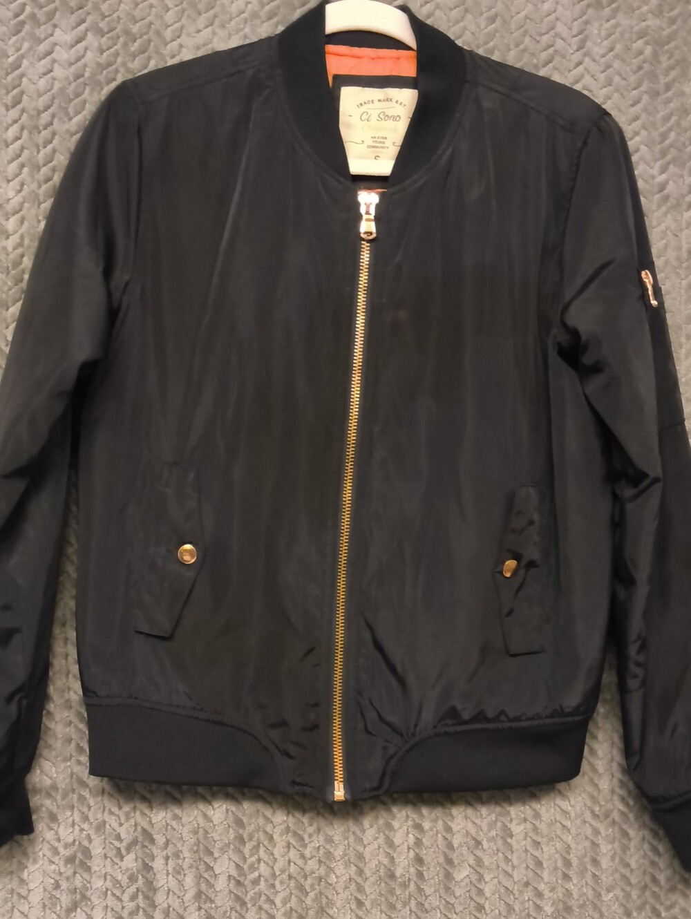Ci Sono Black Bomber Jacket with Orange Lining & Gold Hardware